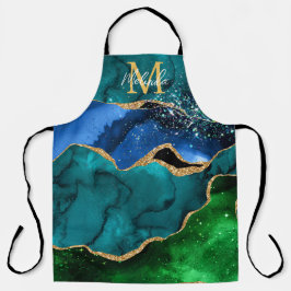 ブルーアンドグリーンピーコックフェイクグリッターアゲート エプロン