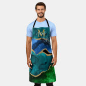 ブルーアンドグリーンピーコックフェイクグリッターアゲート エプロン (着用した状態)