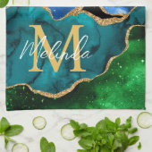 ブルーアンドグリーンピーコックフェイクグリッターアゲート キッチンタオル (折り畳み)