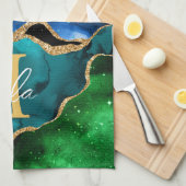 ブルーアンドグリーンピーコックフェイクグリッターアゲート キッチンタオル (四つ折り)