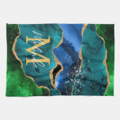 ブルーアンドグリーンピーコックフェイクグリッターアゲート キッチンタオル (横)