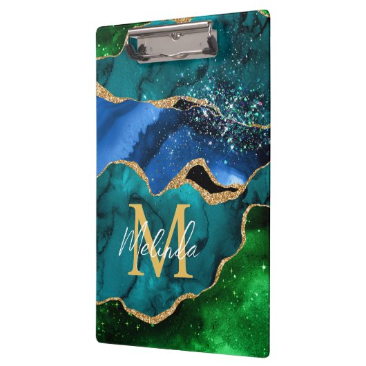 ブルーアンドグリーンピーコックフェイクグリッターアゲート クリップボード (左)