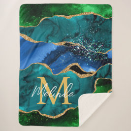 ブルーアンドグリーンピーコックフェイクグリッターアゲート シェルパブランケット