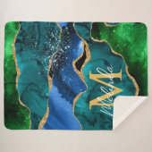 ブルーアンドグリーンピーコックフェイクグリッターアゲート シェルパブランケット (正面(横))