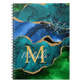 ブルーアンドグリーンピーコックフェイクグリッターアゲート ノートブック