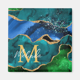 ブルーアンドグリーンピーコックフェイクグリッターアゲート マグネット