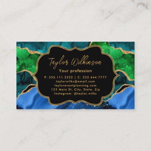 ブルーアンドグリーンピーコックフェイクグリッターアゲート 名刺