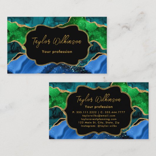 ブルーアンドグリーンピーコックフェイクグリッターアゲート 名刺 (正面/裏面)