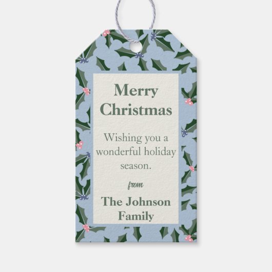 ブルーアンドグリーンホリーホリデイ ギフトタグ (正面)