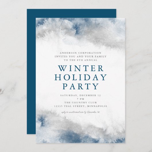 ブルーアンドグレーウォーターカラーウィンターホリデーパーティー 招待状 (正面/裏面)