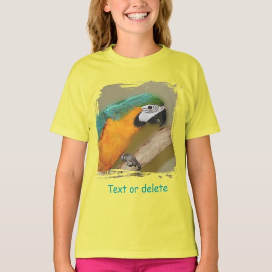 ブルーアンドゴールドマカオ オウムのカスタムデザイン Tシャツ (正面)