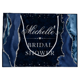 ブルーアンドシルバーグリッターアゲートブライダルシャワー ラージペーパーバッグ