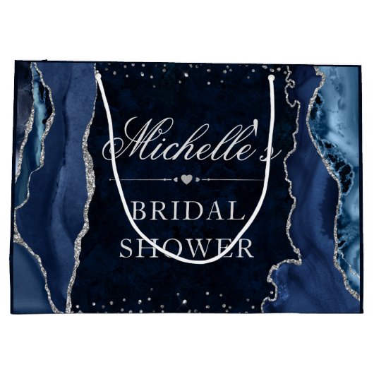 ブルーアンドシルバーグリッターアゲートブライダルシャワー ラージペーパーバッグ (裏面)