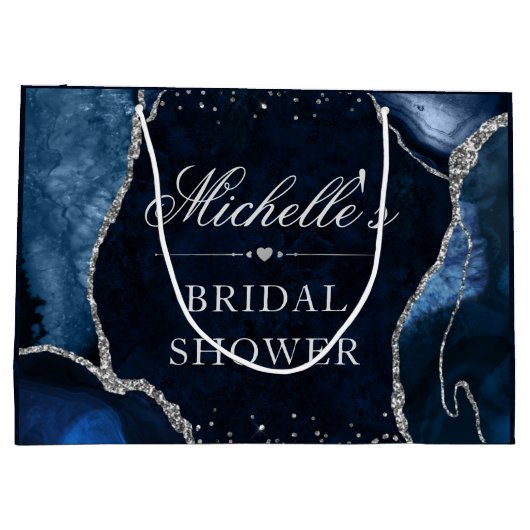 ブルーアンドシルバーグリッターアゲートブライダルシャワー ラージペーパーバッグ (裏面)