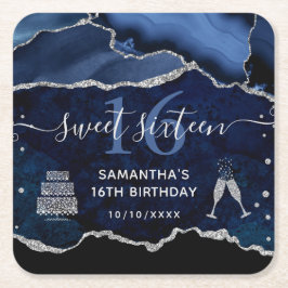 ブルーアンドシルバーグリッターアゲート大理石スイート16 スクエアペーパーコースター