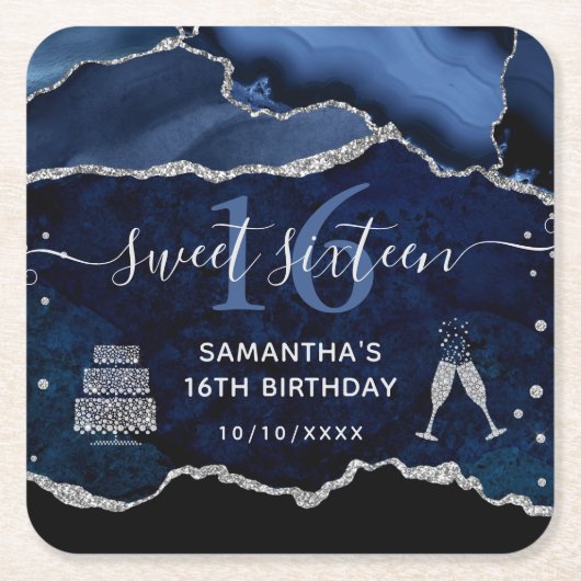 ブルーアンドシルバーグリッターアゲート大理石スイート16 スクエアペーパーコースター (正面)