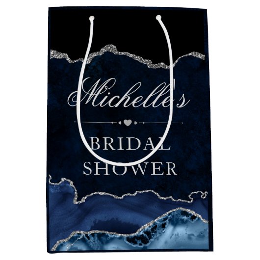 ブルーアンドシルバーグリッターマーブルゲートブライダルシャワー ミディアムペーパーバッグ (正面)