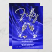 ブルーアンドシルバーシャンパングラス50th誕生日 招待状 (正面/裏面)
