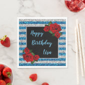 ブルーアンドシルバーストライプグリッターレッドローゼス誕生日 スタンダードランチョンナプキン (インサイチュ)