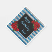 ブルーアンドシルバーストライプグリッターレッドローゼス誕生日 スタンダードランチョンナプキン (角)