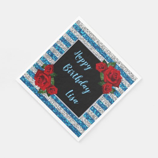 ブルーアンドシルバーストライプグリッターレッドローゼス誕生日 スタンダードランチョンナプキン (角)