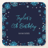 ブルーアンドシルバー雪の結晶バースデーパーティー スクエアペーパーコースター (正面)