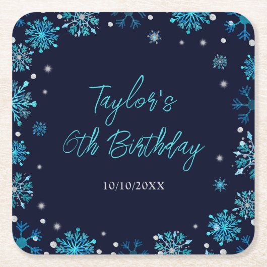 ブルーアンドシルバー雪の結晶バースデーパーティー スクエアペーパーコースター (正面)