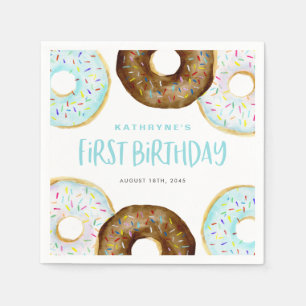 ブルーアンドチョコレートスプレッセルドーナツ最初の誕生日 スタンダードカクテルナプキン