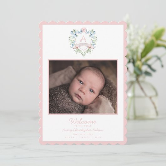 ブルーアンドピンクグランドミレニアルリボンクレストベビー 案内状 (スタンド正面)