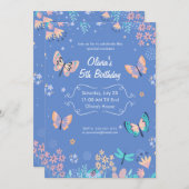 ブルーアンドピンクバタフライ誕生日パステルバタフライ 招待状 (正面/裏面)