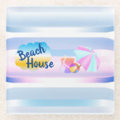 ブルーアンドピンクビーチハウスコースター ガラスコースター (正面)