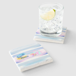 ブルーアンドピンクビーチハウスストーンコースター ストーンコースター