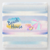 ブルーアンドピンクビーチハウスストーンコースター ストーンコースター (正面)