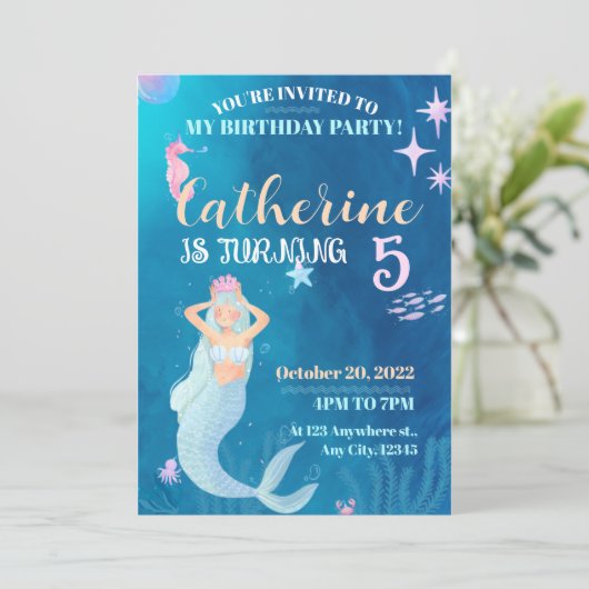 ブルーアンドピンクマーメイド誕生日招待状 招待状 (スタンド正面)
