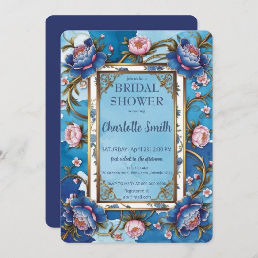 ブルーアンドピンク牡丹アンティークブライダルシャワー 招待状 (正面/裏面)