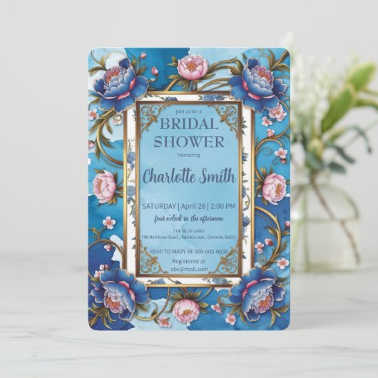 ブルーアンドピンク牡丹アンティークブライダルシャワー 招待状 (スタンド正面)
