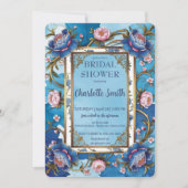 ブルーアンドピンク牡丹アンティークブライダルシャワー 招待状 (正面)