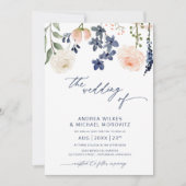 ブルーアンドピーチフローラボタニッ結婚クス 招待状 (正面)