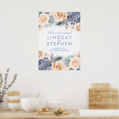 ブルーアンドピーチフローラリース結婚のウェルカムサイン ポスター (キッチン)