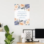 ブルーアンドピーチフローラリース結婚のウェルカムサイン ポスター (ホームオフィス)