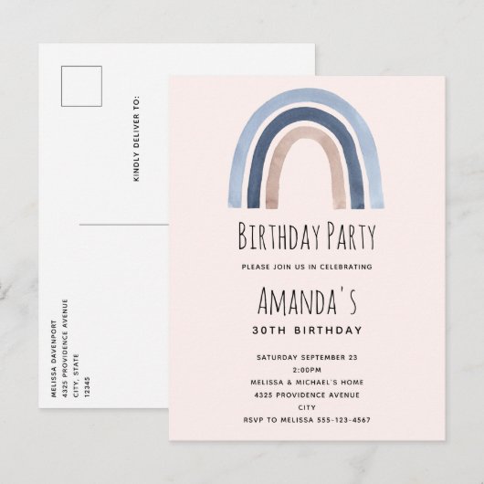 ブルーアンドピーチレインボーホーデザイン誕生日 インビテーションポストカード (正面/裏面)