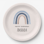 ブルーアンドピーチレインボーホーデザイン誕生日 ペーパープレート (正面)