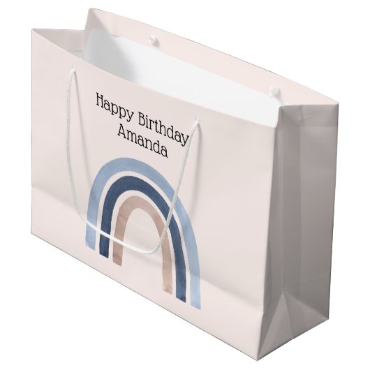 ブルーアンドピーチレインボーホーデザイン誕生日 ラージペーパーバッグ (正面アングル)