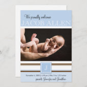 ブルーアンドブラウンモノグラムボーイベビー発表 案内状 (正面/裏面)