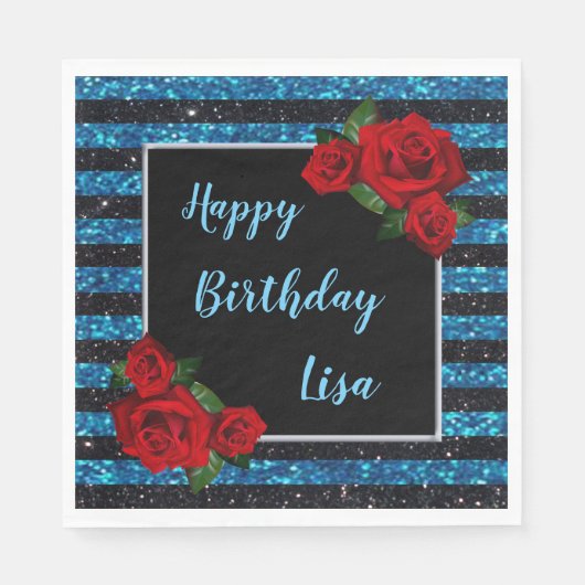 ブルーアンドブラックストライプグリッターレッドローゼス誕生日 スタンダードランチョンナプキン (正面)