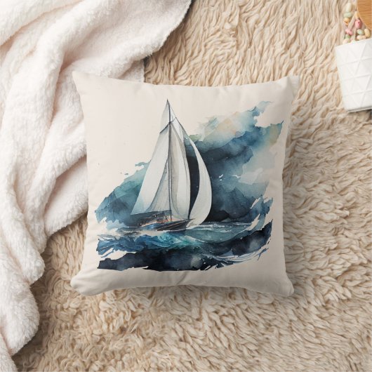 ブルーアンドベージュセーリングボート装飾用クッション クッション (ブランケット)