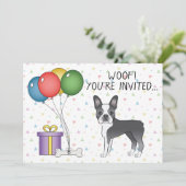 ブルーアンドホワイトのボストンテリア かわいい犬 - お誕生日おめでとう 招待状 (スタンド正面)