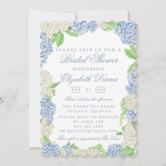 ブルーアンドホワイトアジサイブライダルシャワー 招待状 (正面)