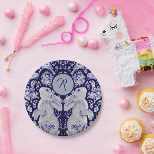 ブルーアンドホワイトウサギバニーバードイニシャルイースター ペーパープレート (パーティー)