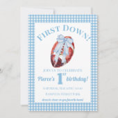 ブルーアンドホワイトギンガムサッカー第1誕生日 招待状 (正面)